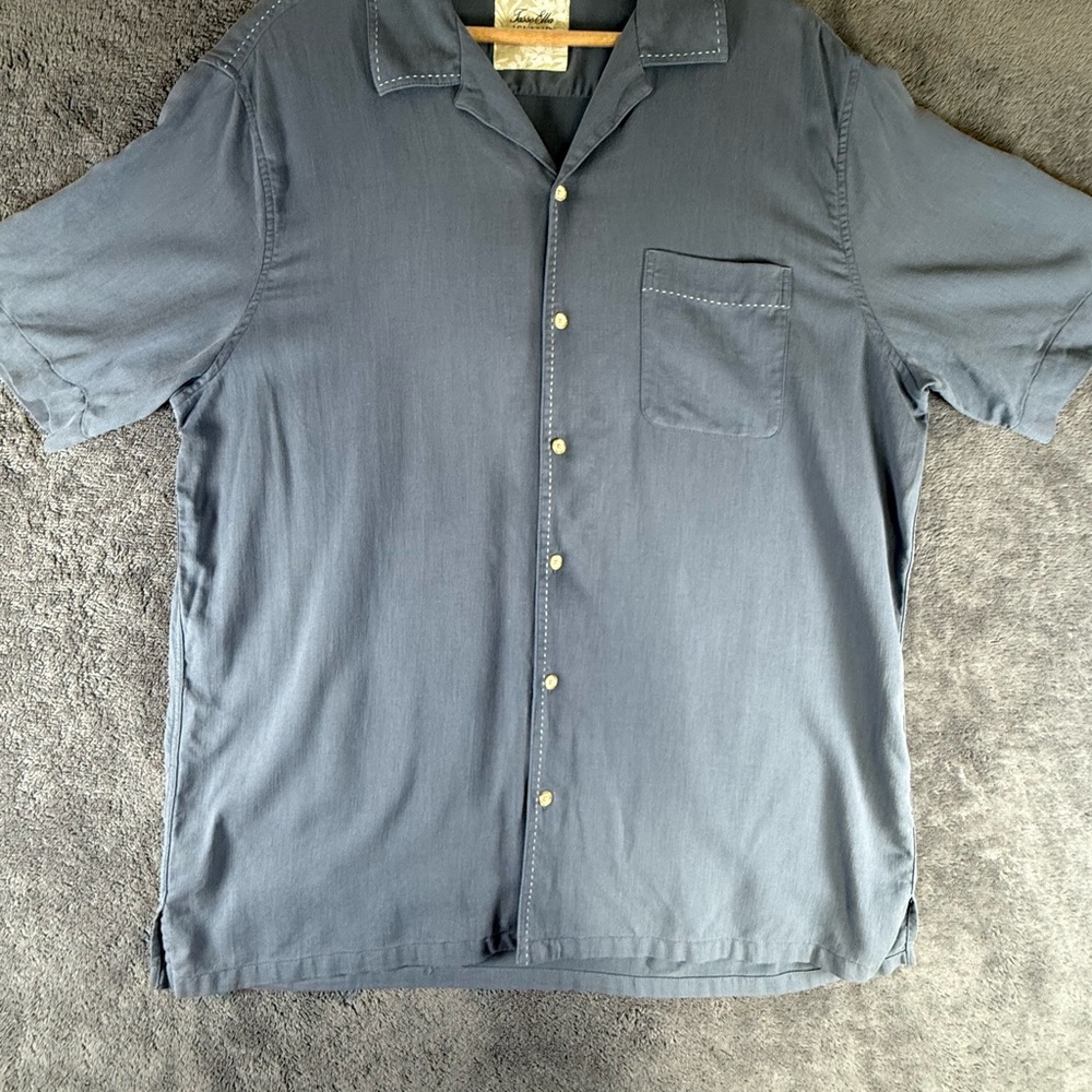 Tasso Elba Island Blue Silk Camp Collar Short Sleeve‎ Solid Button-Up Shirt XL